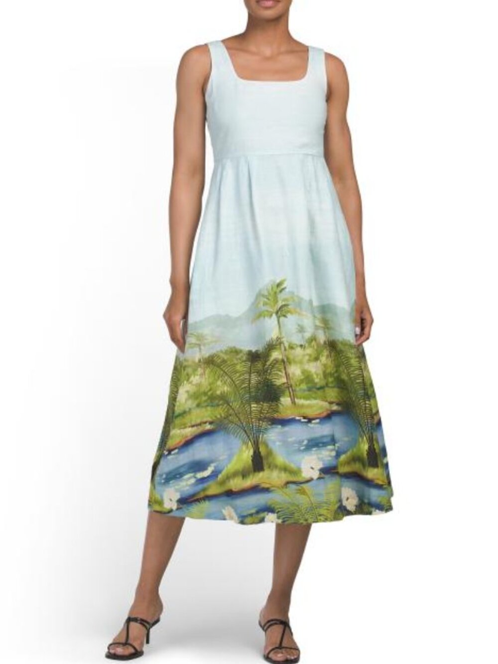 CALYPSO ST. BARTH Linen Blend Lake Scene Midi Dress With Smocked Back